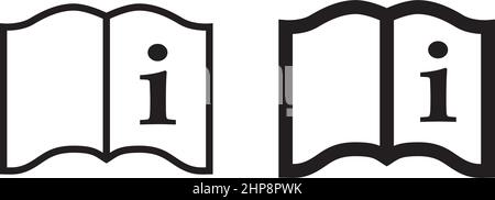 Simple 'read instructions' icon. Letter i on page of a book, 2 different stroke weights versions. Stock Vector