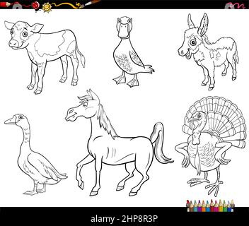 cartoon farm animal characters set coloring book page Stock Vector
