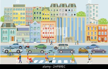 City with pedestrians and road traffic, illustration Stock Vector Image ...