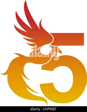 Number 5 icon with phoenix logo design template Stock Vector