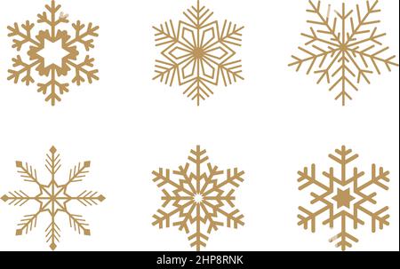 Gold frosty abstract snowflake symbols set on white background. Stock Vector