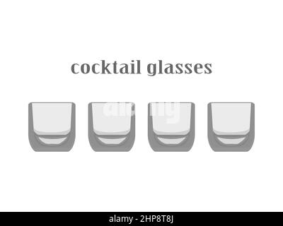 Cartoon kitchen glasses colection. Wine glasses, flutes glasses, cocktail glasses. Drink utensils glassful icons objects elements isolated on white background, flat vector illustration Stock Vector