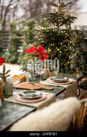 Served table for dinner at backyard Stock Photo