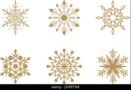 Gold frosty abstract snowflake symbols set on white background. Stock Vector