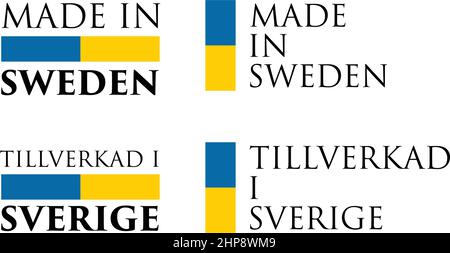 Simple Made in Sweden / Tillverkad i Sverige (swedish translation) label. Text with national colors arranged horizontal and vertical. Stock Vector