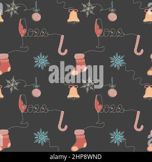 Vector seamless pattern. Continuous one-line drawing of New Years snowflakes, sock, ball, bell, lollipop and glass lettering 2022. New Years celebration concept. Stock Vector