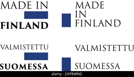 Simple Made in Finland / Valmistettu Suomessa (finnish) label. Text with national colors arranged horizontal and vertical. Stock Vector