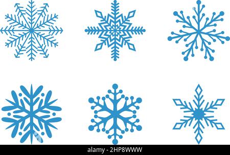 Ice blue frosty abstract snowflake symbols set on white background. Stock Vector