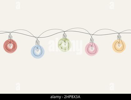 One line drawing of a Christmas garland of multi-colored light bulbs. Stock Vector