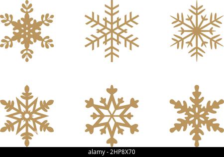 Gold frosty abstract snowflake symbols set on white background. Stock Vector