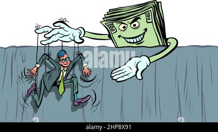 male businessman puppet on ropes, money dollars control and management, boss and subordinate office clerk Stock Vector