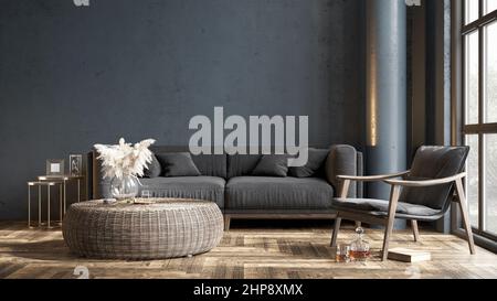 Modern beautiful interior with columns, colored wall and stylish furniture. Bright loft design. 3D rendering Stock Photo