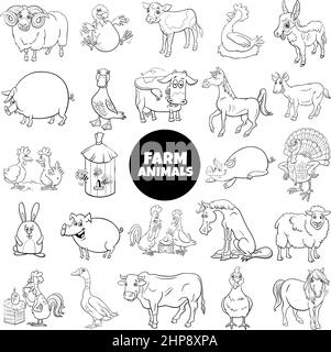 cartoon farm animal characters set coloring book page Stock Vector