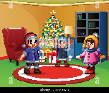 Cartoon of Happy kids in the living room with christmas tree Stock Vector