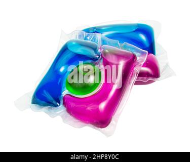 Liquid powder in gel capsule for washing multicolor isolated on the white background Stock Photo