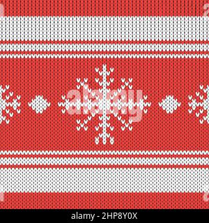 Christmas Knit Print. Scandinavian Red Knitted Border. Wool Pullover. Sweater Ugly Holiday Ornament. Festive Crochet. Stock Vector