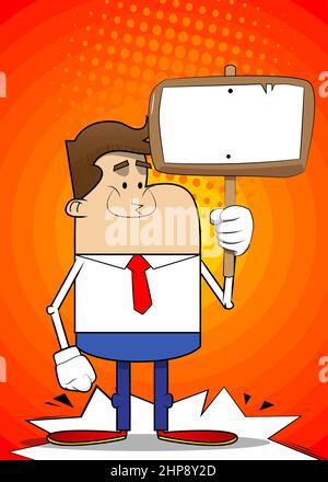 Simple retro cartoon of a businessman holding blank sign. Stock Vector