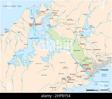 Vector map of the 82 kilometer long waterway Panama Canal, Panama Stock Vector