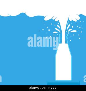 Pouring Milk Splash on Blue Background. White Creamy Liquid Drops. Fresh Farm Milky Flow Drink. Minimalist Poster Stock Vector