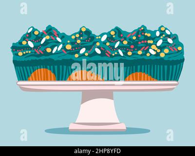 Cartoon birthday cake with colorful shavings and cream decoration in plate. Hand drawn cake isolated on white background, vector illustration. Kitchen desert icons objects flat design elements Stock Vector