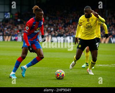 London, UK. 01st Feb, 2018. LONDON, United Kingdom, FEBRUARY 19: L-R Crystal Palace's Wilfried Zaha and Chelsea's Antonio Rudiger during Premier League between Crystal Palace and Chelsea at Selhurst Park Stadium, London on 19th February, 2022 Credit: Action Foto Sport/Alamy Live News Stock Photo