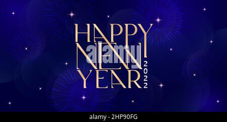 Happy New Year letter text golden color with isolated dark blue background, fireworks and glitter sparkle star decoration applicable for greeting cards, invitation, sign and banners. Stock Vector