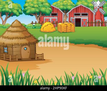 Farm landscape with shed,windmill and a hut Stock Vector