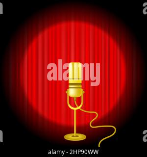 Gold Microphone Icon on Red Curtain Background. Stock Vector