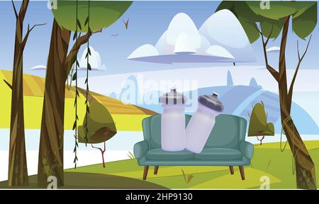 mock of water bottle in a garden with couch Stock Vector
