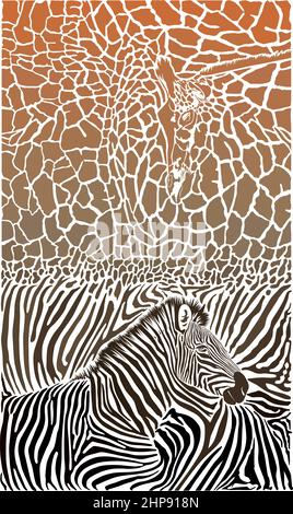 Giraffe and zebra with color background Stock Vector