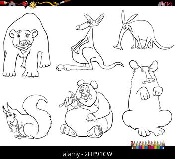 cartoon animals characters set coloring book page Stock Vector