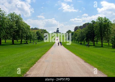 Visitors on The Long Walk, a tree lined avenue leads towards The Copper Horse statue of King George III on Snow Hill in Windsor, Berkshire, England. Stock Photo