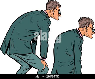 A businessman is looking at something, the pose of a man in a suit. Interest reading announcement Stock Vector