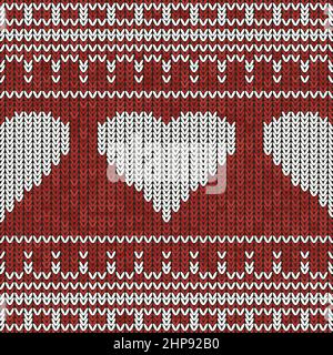 Christmas Knit Print. Scandinavian Red Border Wool Pullover. Sweater Ugly. Holiday Heart Ornament. Festive Crochet Stock Vector