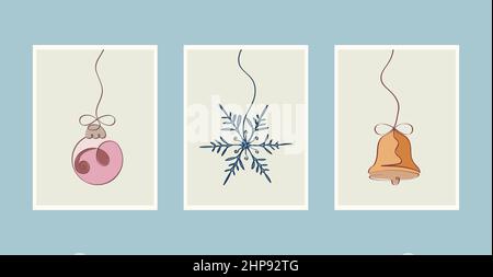 New Year's set of cards with a continuous one-line pattern of New Year's snowflake, Christmas ball and bell. New Years celebration concept. Stock Vector