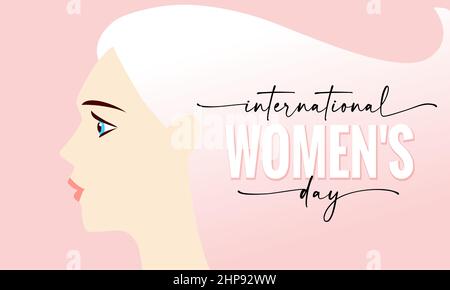 International women's day elegant lettering on pink background with beautiful woman. Greeting card for Happy Womens Day with elegant calligraphy Stock Vector