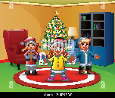 Cartoon of Happy kids in the living room with christmas tree Stock Vector