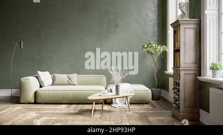 Modern beautiful interior of the room with colored walls, large windows and stylish furniture. Bright and stylish design. 3D rendering Stock Photo