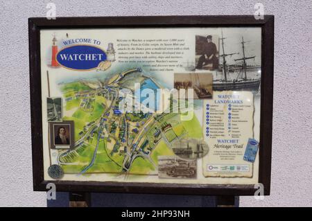 Information billboard of the harbour town of Watchet in Somerset, England (UK)