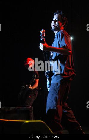 Milan Italy 2002-02-23 : Live concert by the American band Linkin Park at the Alcatraz nightclub,the singer and guitarist Mike Shinoda during the concert Stock Photo