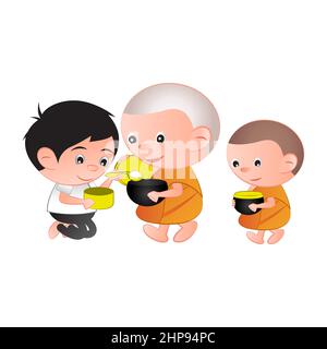 clip art of man give food to monk with cartoon design,vector illustration Stock Vector