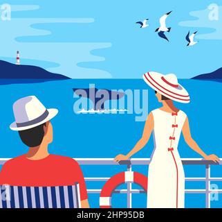 Couple Watching Whale Tail in Ocean, flat tourism vector poster. People on Whale watching boat tour cartoon illustration. Summer seaside tourist trave Stock Vector