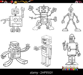cartoon robots and droids characters set coloring book page Stock Vector