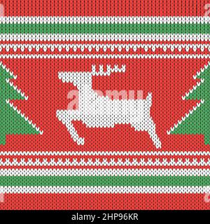 Christmas Knit Print. Scandinavian Red Knitted Border. Sweater Ugly Frame. Holiday Square Ornament. Festive Crochet. Stock Vector