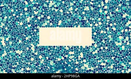 Colorful spheres, many round particles gathering in the shape of rectangle on white background. Turquoise circles falling down with the empty space in Stock Photo