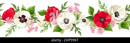 Horizontal seamless border with red and white poppy flowers, small pink flowers, and green leaves. Vector illustration Stock Vector
