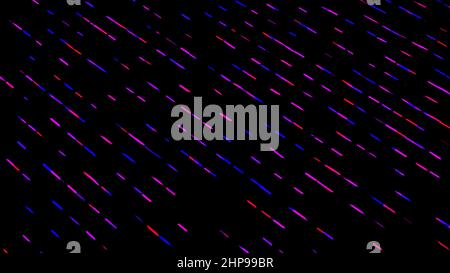 Abstract pink, red, and blue short lines moving diagonally on black background. Colorful narrow dashes moving towards each other, seamless loop. Stock Photo