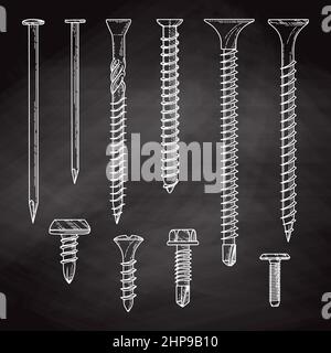 Set of different screws, nails isolated on blackboard. Vector illustration Stock Vector
