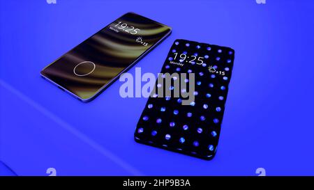 Two abstract modern smart phones with the biometric protection - place to apply finger and to scan fingerprint for verifying identity. Two black devic Stock Photo