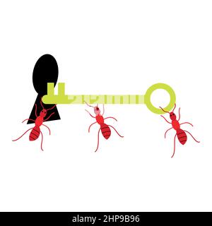 Ant carrying key and puts it in the keyhole. problem solving concept. Flat design. Vector Illustration on white background Stock Vector